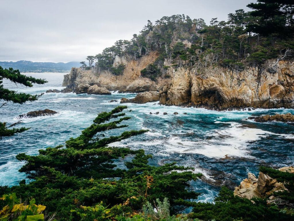 Sea caves and rocky coastline at Point Lobos near Carmel, California.