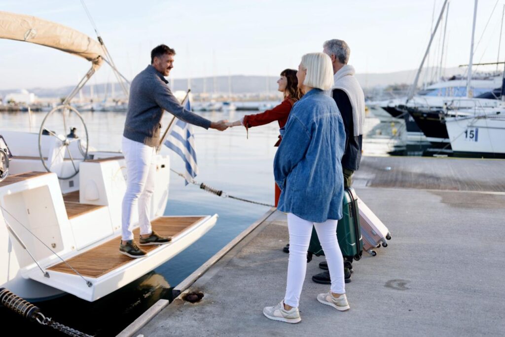 First-time guests boarding a private boat charter with a licensed captain at the marina.