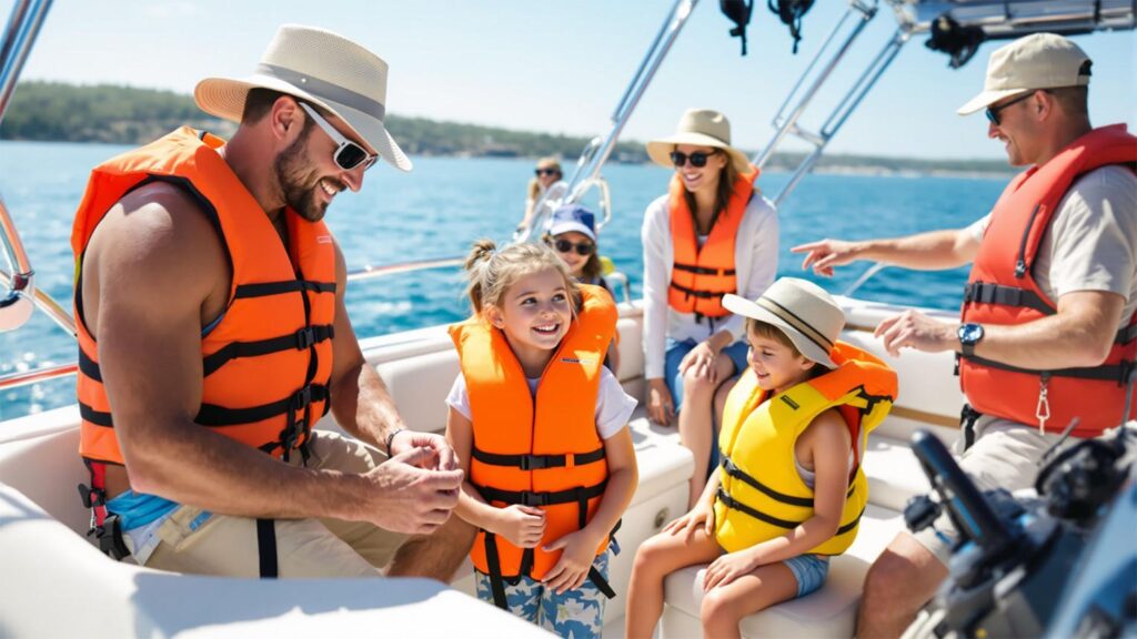 Family enjoying a safe boat trip with children wearing life jackets.