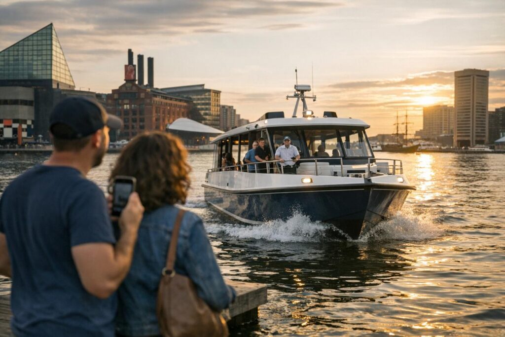 Water taxi returning to the marina after completing passenger transfers.