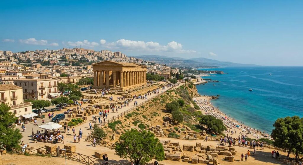 View of the Valley of the Temples near Agrigento from the Mediterranean Sea during a coastal boat trip.