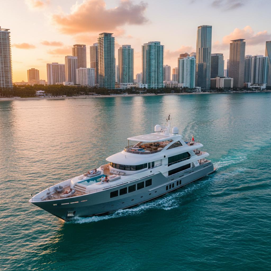 Private boat cruising through Biscayne Bay at sunset with the Miami skyline behind it.