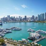 Aerial view of Biscayne Bay filled with private boats and the Miami skyline in the background.