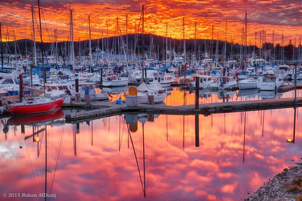 Boats moored at a Pacific Northwest marina at sunset.
