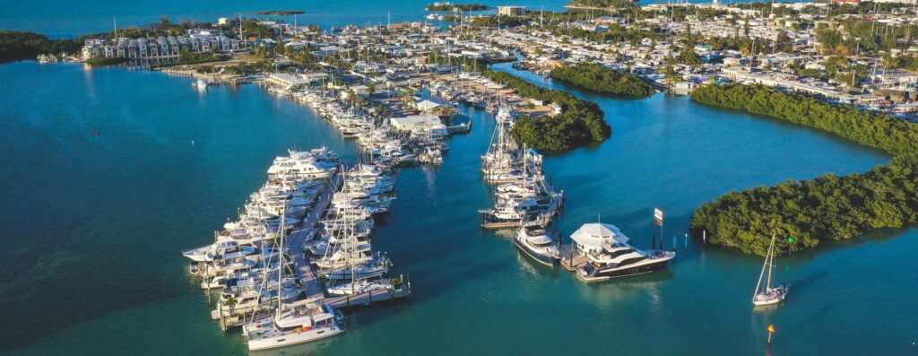 Aerial view of a busy American marina filled with recreational boats.