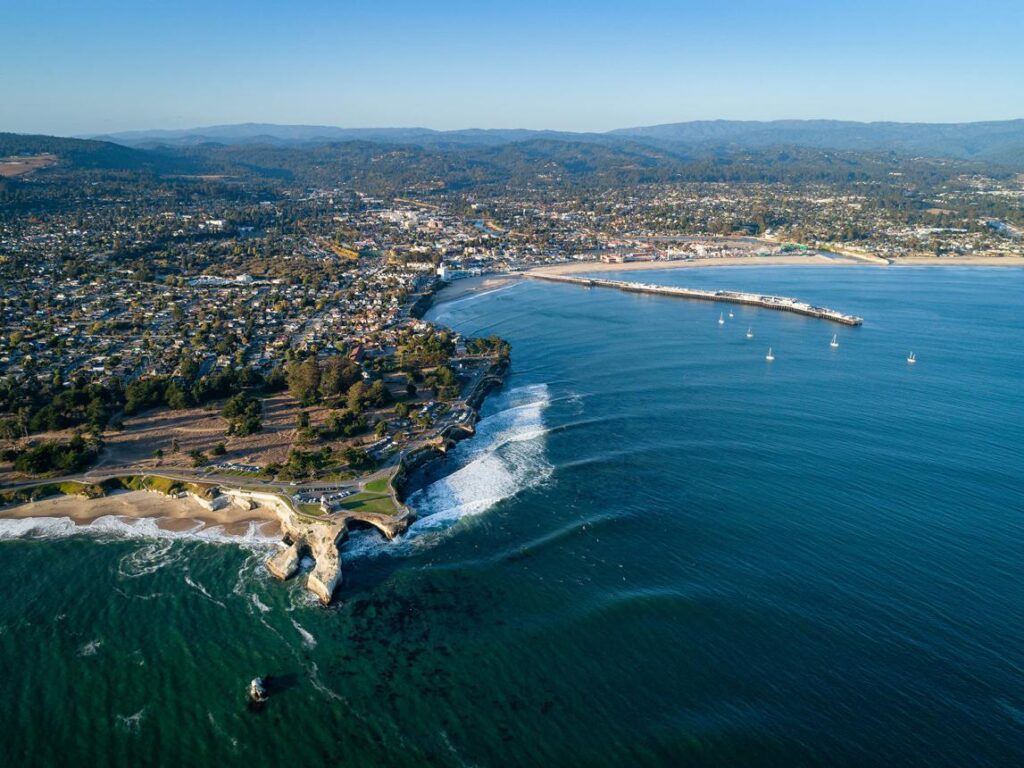 Aerial view of Monterey Bay, California, one of North America's richest marine ecosystems located less than an hour from San Jose and Silicon Valley.
