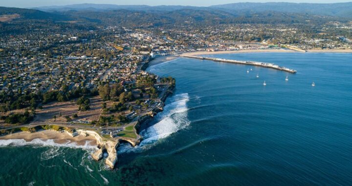 Aerial view of Monterey Bay, California, one of North America's richest marine ecosystems located less than an hour from San Jose and Silicon Valley.